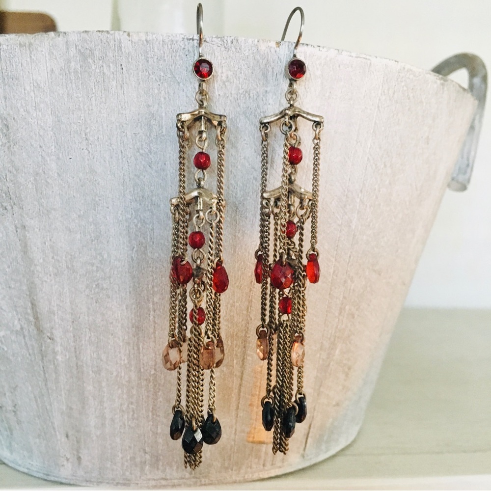 Vintage 80s Victorian Style Cascading Chandelier Earrings Crystal Teardrops